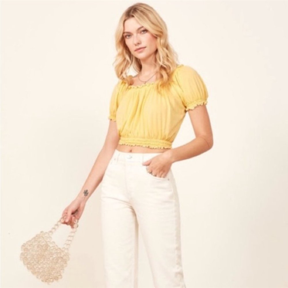 reformation yellow, gold lemon louie top small with ruffles